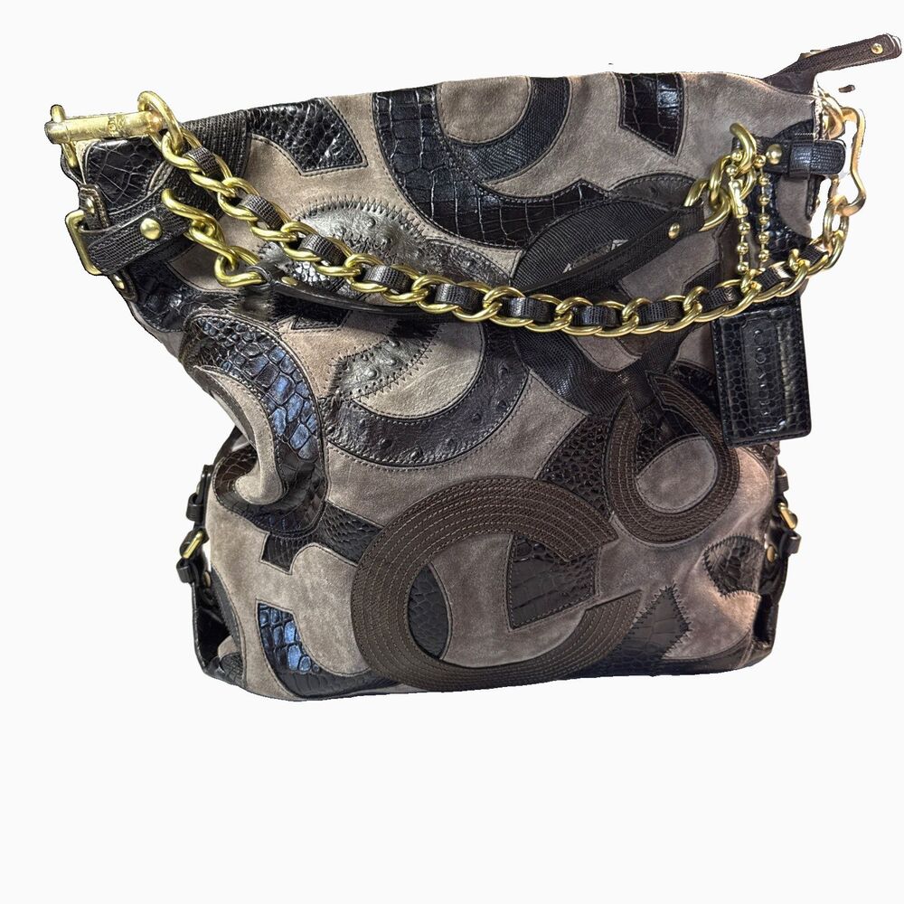 COACH LIMITED ED Brooke #14340 Inlaid C Suede Taupe Brown Hobo Bag Purse Exc C